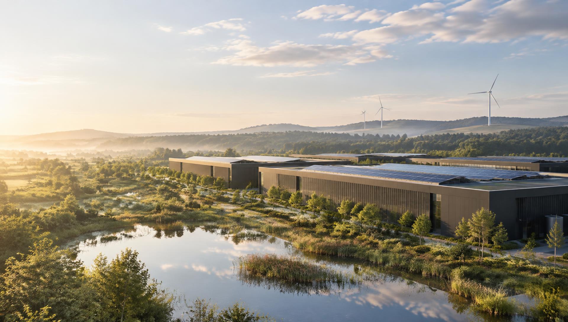 Contemporary German data center campus with rooftop solar, mature trees and wind turbines at sunrise
