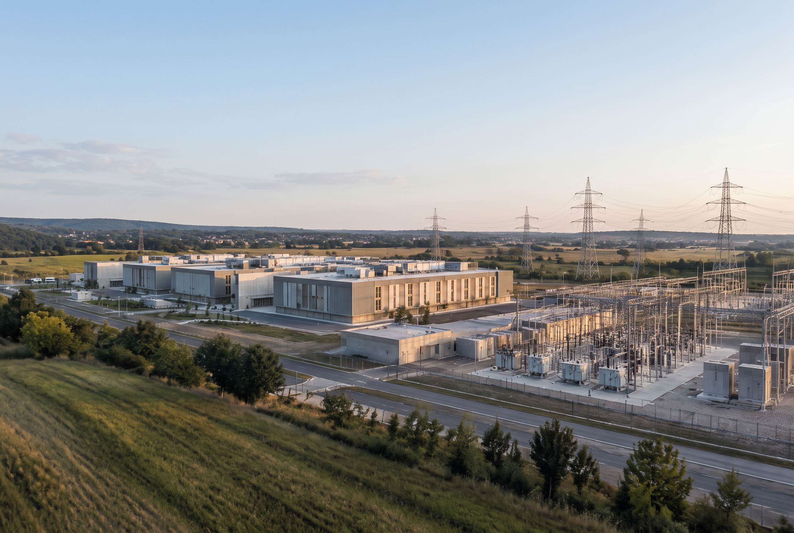 Rechenzentrumsgelände neben Umspannwerk und Übertragungsinfrastruktur bei Tageslicht