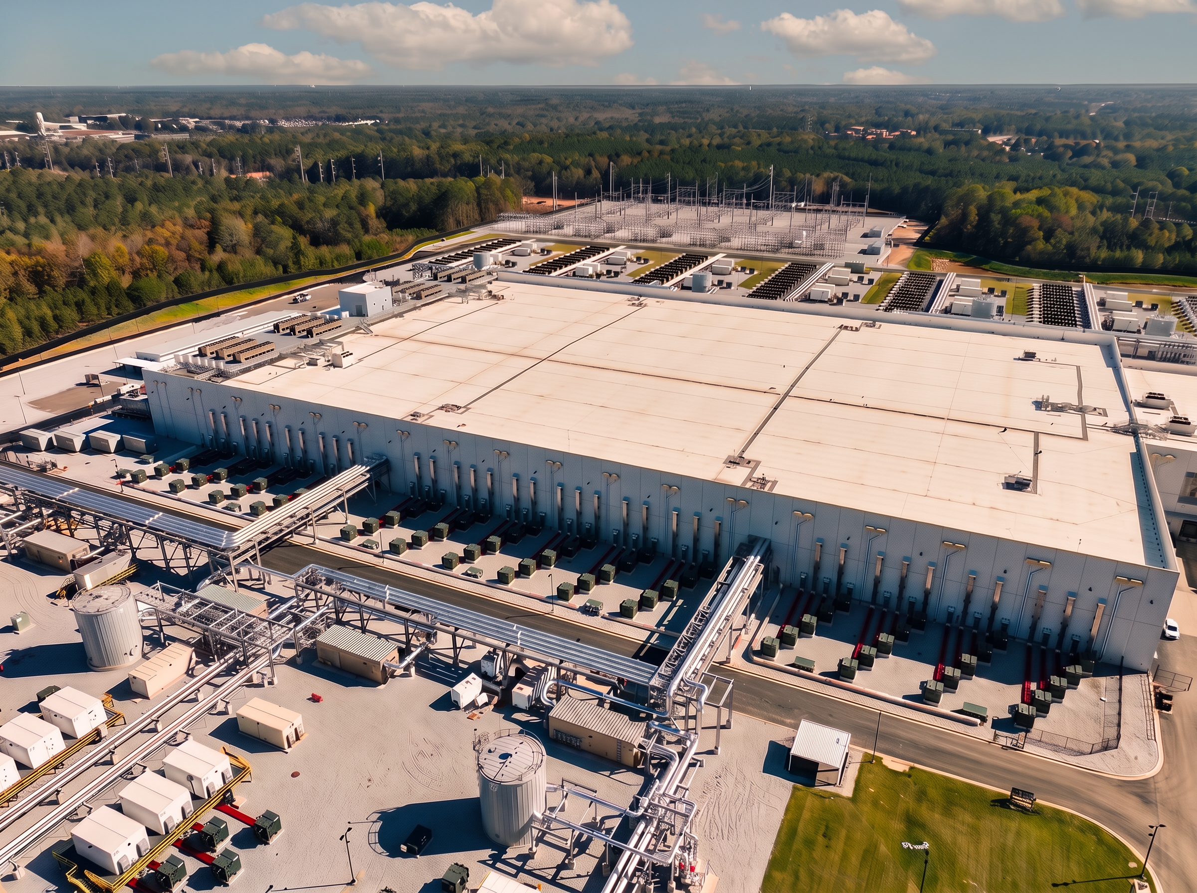 Rechenzentrumsgelände inmitten industrieller Infrastruktur und Anlagen zur Energieversorgung